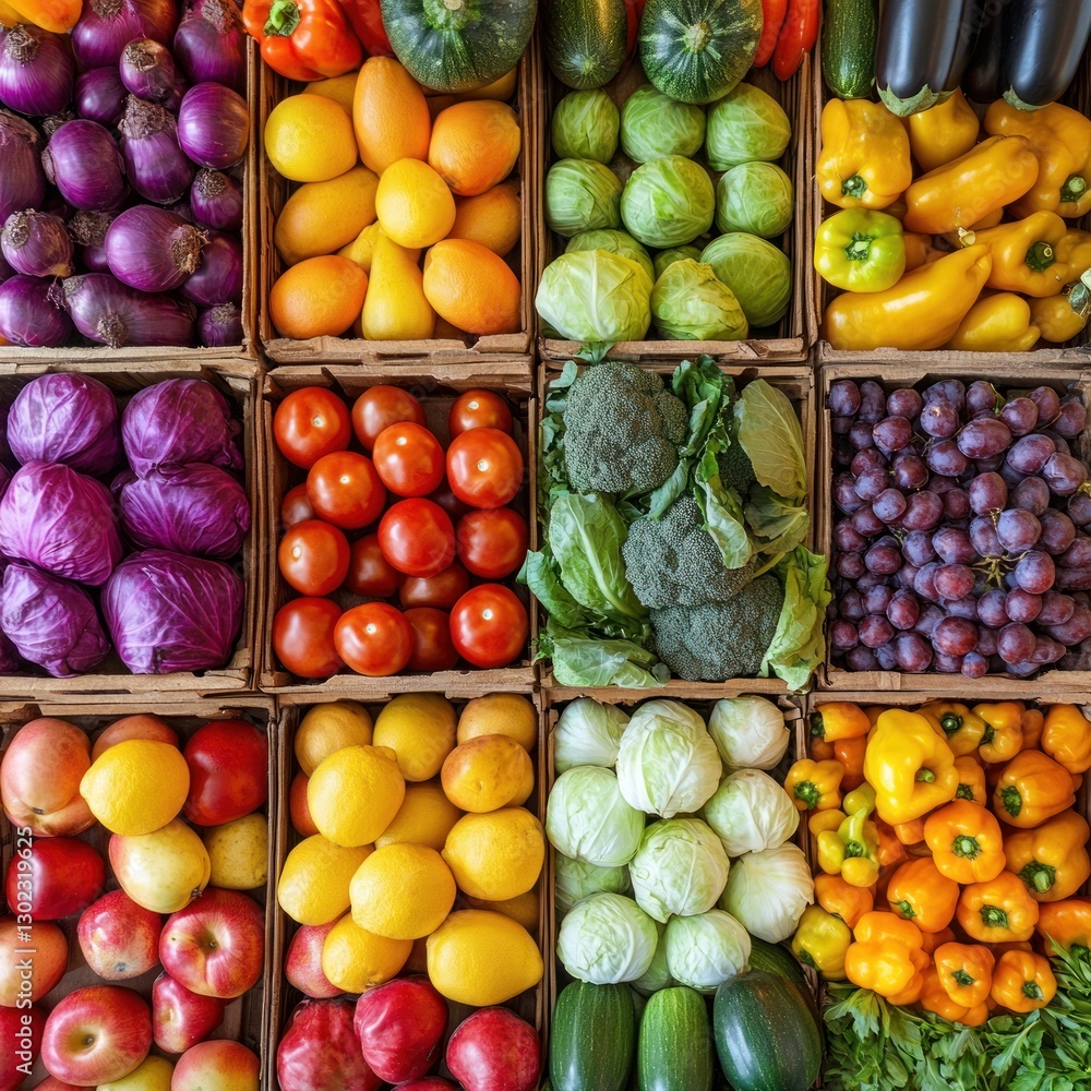 Vibrant Assortment of Fresh Produce in Wooden Crates Vibrant Assortment of Fresh Produce in Wooden Crates
