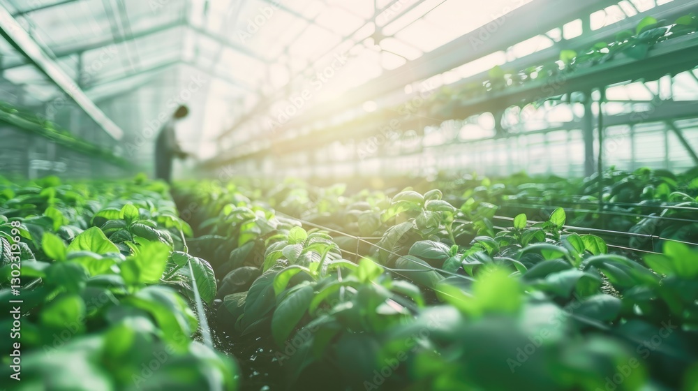 Man in a large industrial greenhouse with fresh natural plants. Concept of growing healthy food, diet, vegetarianism and technology. AI generated. Man in a large industrial greenhouse with fresh natural plants. Concept of growing healthy food, diet, vegetarianism and technology. AI generated.