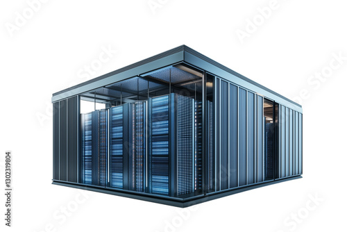 A futuristic data center with interconnected blocks, isolated  on Transparent PNG format Background. 