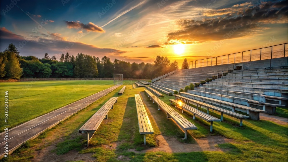 Fototapeta premium Abandoned football field at sunset with empty seats and a deserted atmosphere , stillness, shadowy grounds