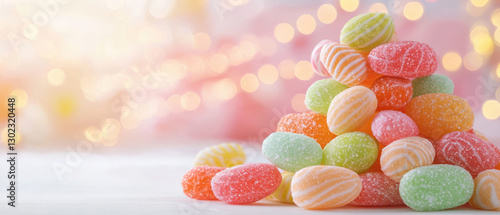 Colorful candy pile with soft bokeh background