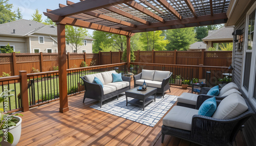 Beautiful wooden deck with a shaded pergola, modern outdoor furniture, and lush greenery, creating a relaxing and stylish outdoor living space.