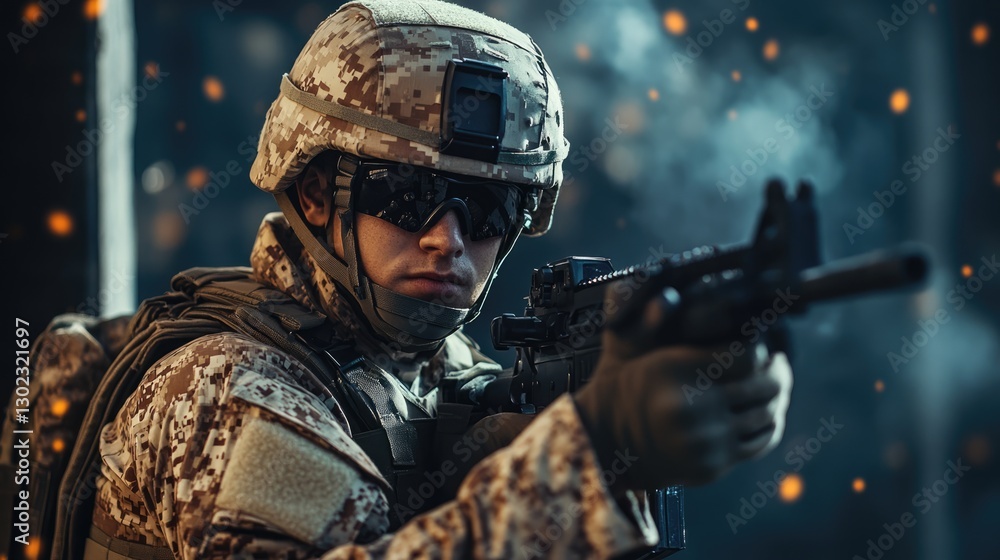 Fototapeta premium Soldier in tactical gear and camouflage uniform holding a rifle. AI generated!