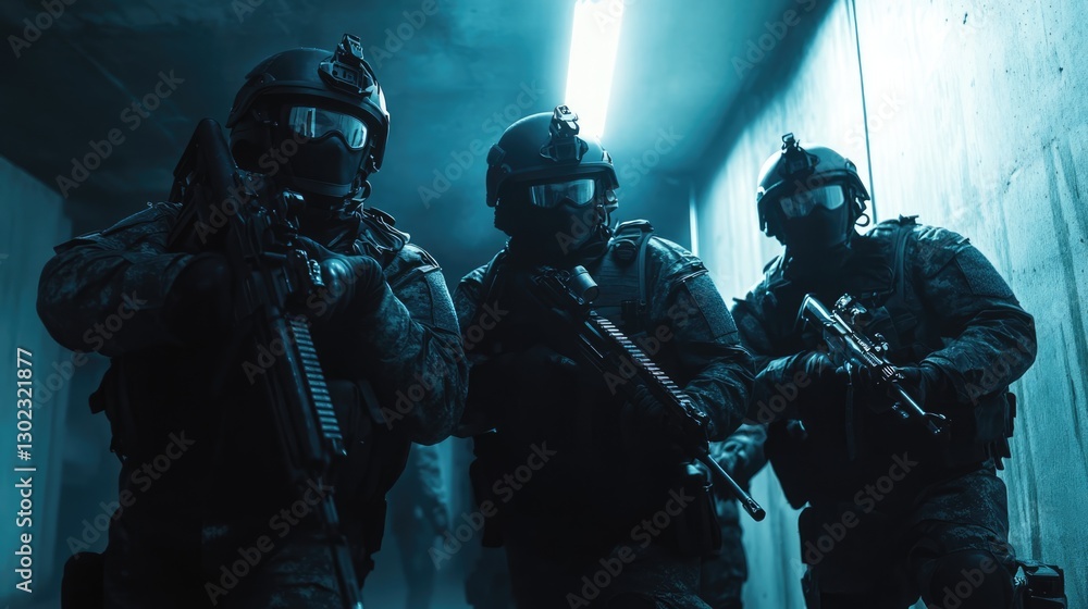 Naklejka premium Soldier in tactical gear and camouflage uniform holding a rifle. AI generated!