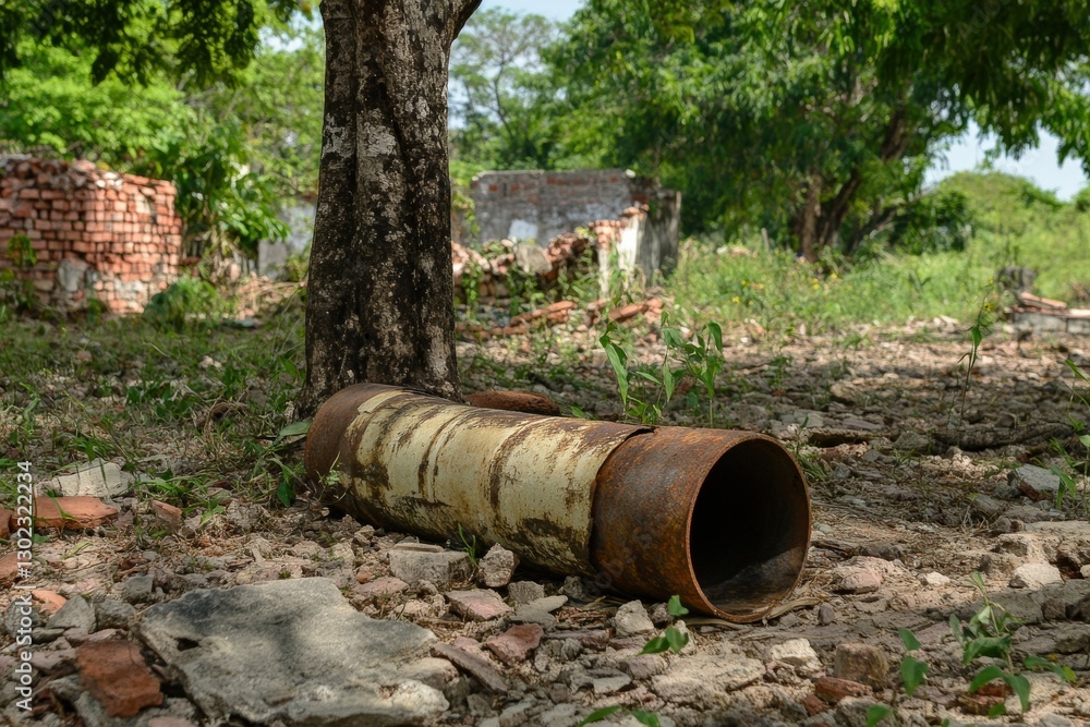 Abandoned Rusty Pipe Near Tree in Overgrown Green Space with Broken Brick Wall Background Abandoned Rusty Pipe Near Tree in Overgrown Green Space with Broken Brick Wall Background