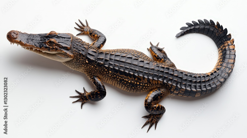 Naklejka premium A striking black and brown alligator, sleekly outlined in naturalistic detail, gazes towards the right while its body stretches to the left, capturing a dynamic tension in a single frame
