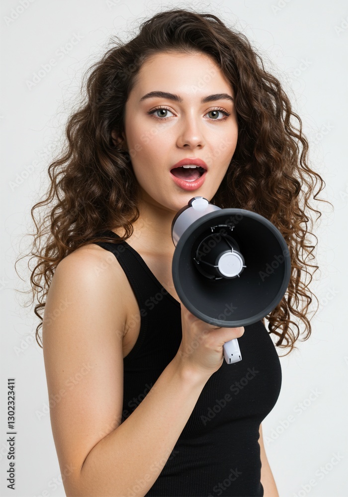 Fototapeta premium beautiful woman holding megaphone standing straight confident facial expression screaming black clothes white background Ai generative 