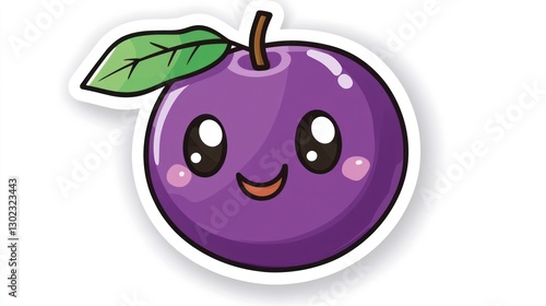 Happy purple fruit cartoon, isolated on white, sticker design, kids food photo