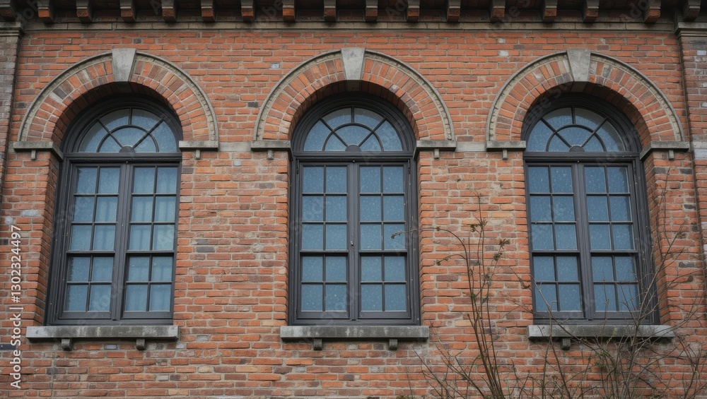 Historic Brick Building Featuring Symmetrical Arched Windows with Detailed Stone Trim