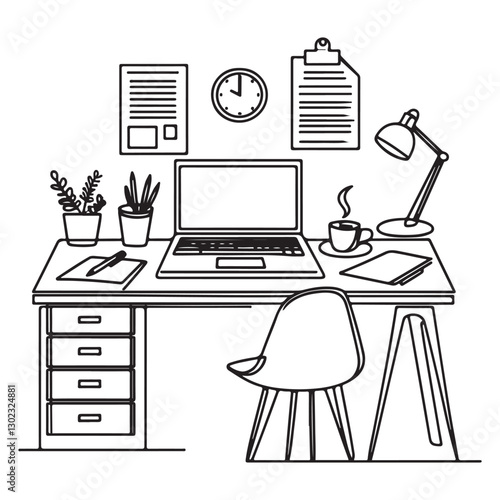 continuous one single black line art doodle drawing of Office desk with laptop, coffee cup, and documents concept illustration