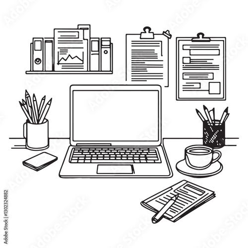 continuous one single black line art doodle drawing of Office desk with laptop, coffee cup, and documents concept illustration