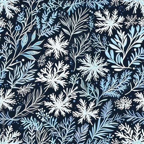 Wallpaper Mural Winter Wonderland Botanical Print: A Seamless Pattern of Elegant Frost Flowers and Delicate Winter Plants Torontodigital.ca