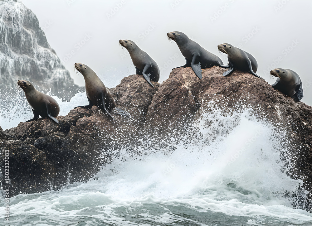 Fototapeta premium A Captivating Glimpse of Marine Mammals, Six Majestic Sea Lions Perched on Rocky Outcrop Enduring Powerful Ocean Waves Against a Misty Backdrop