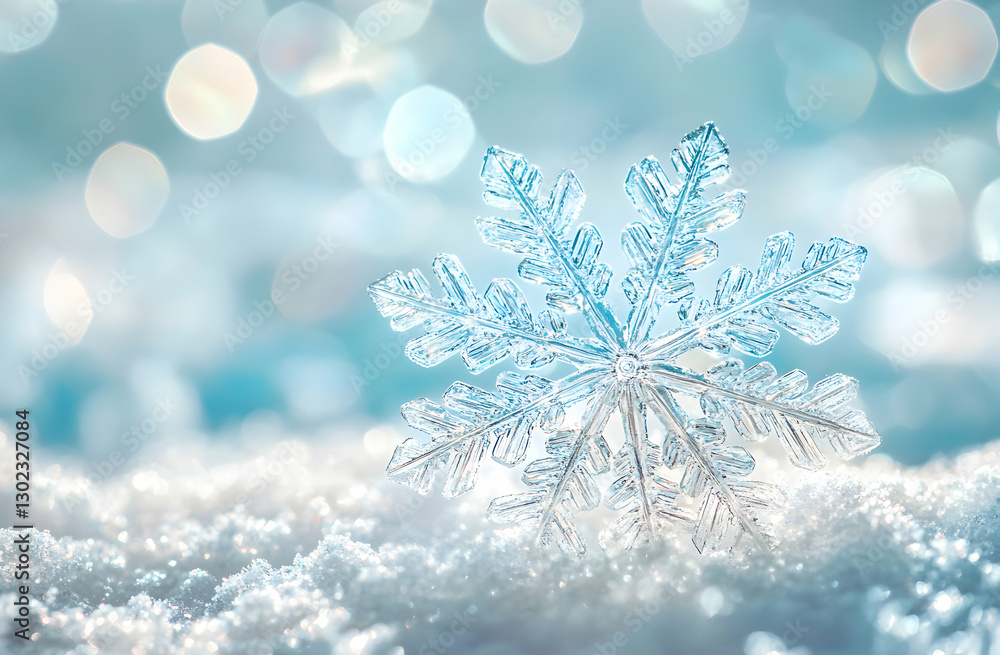 A Captivating Close-Up of a Sparkling Snowflake Resting on Pristine Snow, Illuminated by a Soft, Dreamy Bokeh Background, Embodying Winter's Enchantment A Captivating Close-Up of a Sparkling Snowflake Resting on Pristine Snow, Illuminated by a Soft, Dreamy Bokeh Background, Embodying Winter's Enchantment