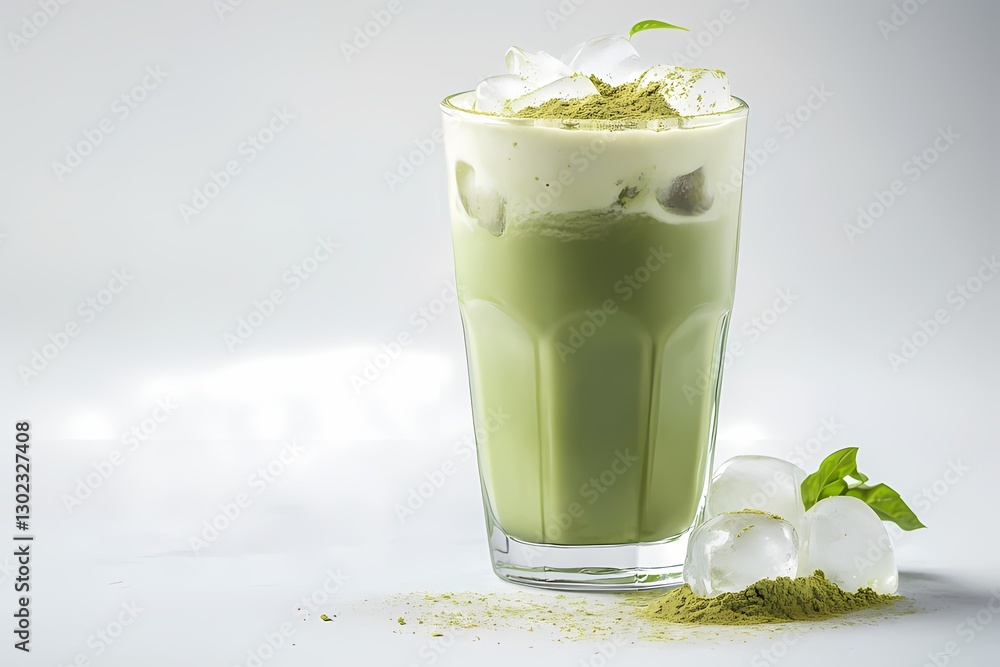 Fototapeta premium a glass of iced cubes with matcha latte with whipped cream