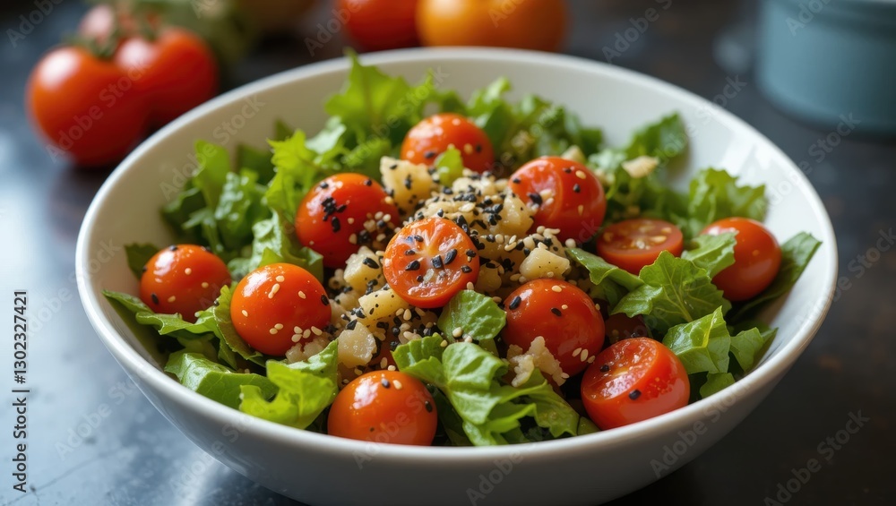 Fresh Salad Bowl with Cherry Tomatoes and Leafy Greens Garnished with Spices in Natural Setting Fresh Salad Bowl with Cherry Tomatoes and Leafy Greens Garnished with Spices in Natural Setting