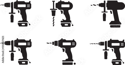 Collection of cordless electric drill machine vector silhouettes with different handles 
