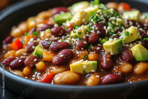 Bean chili in bowl with avocado, garnish closeup