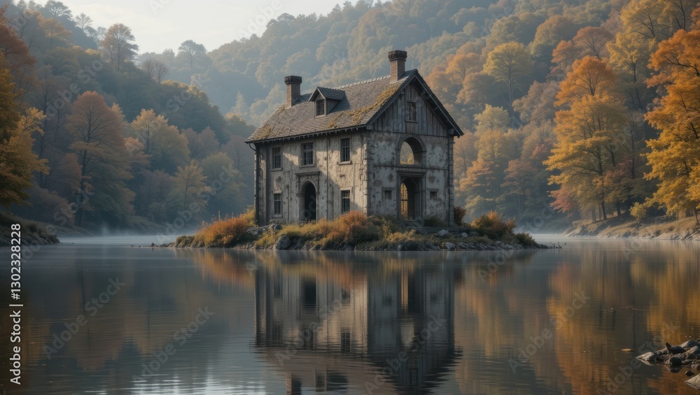 Fototapeta premium Abandoned Stone House Surrounded by Vibrant Autumn Foliage Reflected in Calm Lake