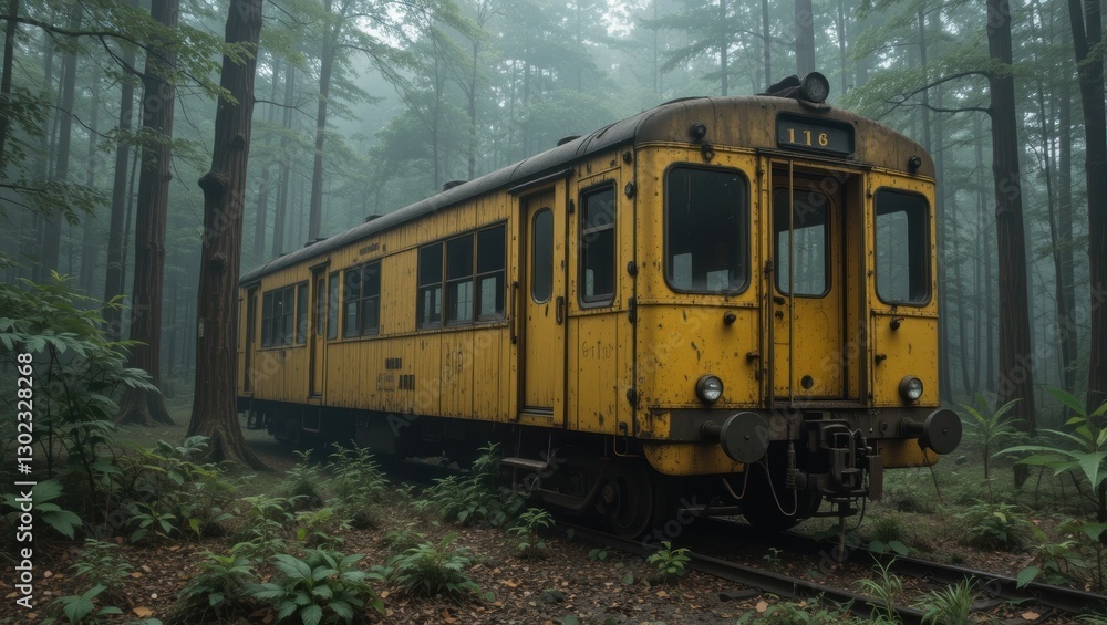 Abandoned Yellow Train in Foggy Forest Surrounded by Lush Green Foliage and Mystical Atmosphere Abandoned Yellow Train in Foggy Forest Surrounded by Lush Green Foliage and Mystical Atmosphere