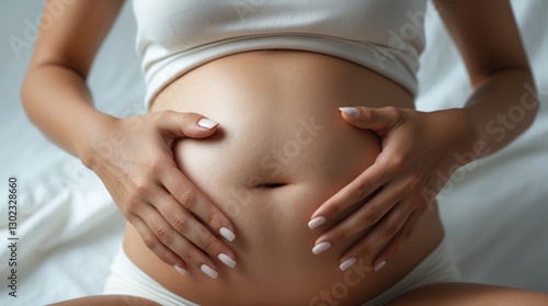 Wallpaper Mural pregnant woman gently holding her stomach, symbolizing motherhood, love, and anticipation. Soft lighting and warm tones enhance the emotional depth of the serene composition Torontodigital.ca
