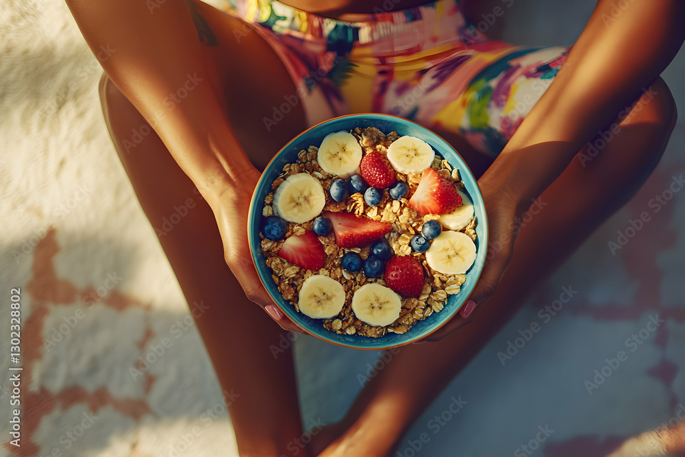Fototapeta premium A Healthy and Delicious Breakfast, Woman Holding a Bowl of Granola with Fresh Fruits like Banana, Strawberries, and Blueberries, Perfect for a Nutritious Start