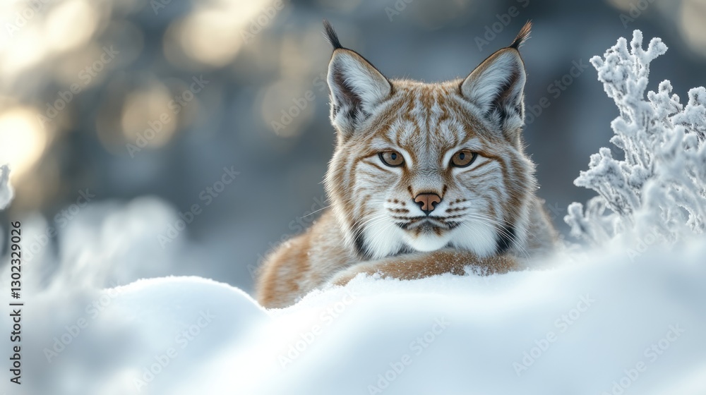 Fototapeta premium Lynx resting in snowy forest, winter sunset