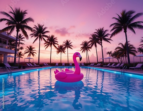 Pink Flamingo Pool Float Tropical Sunset Scene