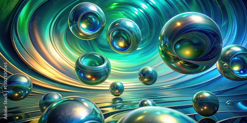 Vibrant abstract shapes in iridescent metallic colors float in mid-air amidst swirling vortex of iridescent blues and greens , green, metallic Vibrant abstract shapes in iridescent metallic colors float in mid-air amidst swirling vortex of iridescent blues and greens , green, metallic