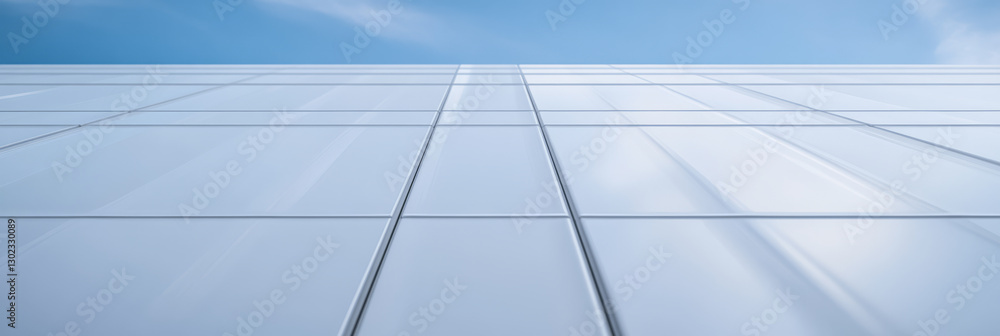 Fototapeta premium Modern building facade with reflective glass panels under clear blue sky