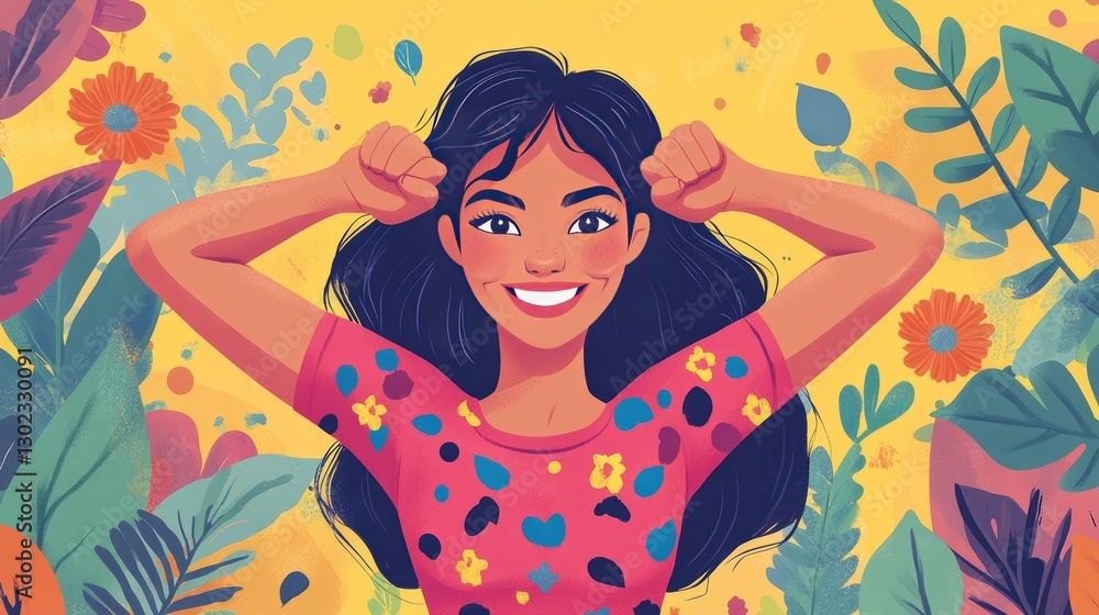 Woman flexing her muscles with a radiant smile, colorful patterns and motifs, characteristic and vibrant illustration for Women's Day Woman flexing her muscles with a radiant smile, colorful patterns and motifs, characteristic and vibrant illustration for Women's Day