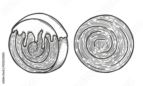 New york rolls. Croissant sweet bakery product sketch engraving vector illustration, top and side view. Scratch board style imitation. Black and white hand drawn image	