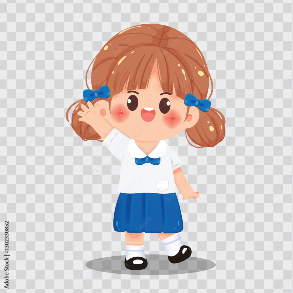 Cute Thai School Girl Walking and Waving Vector Illustration Cute Thai School Girl Walking and Waving Vector Illustration