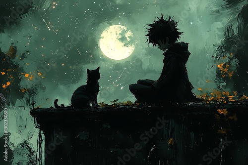 Boy, cat, moonlit rooftop, night
