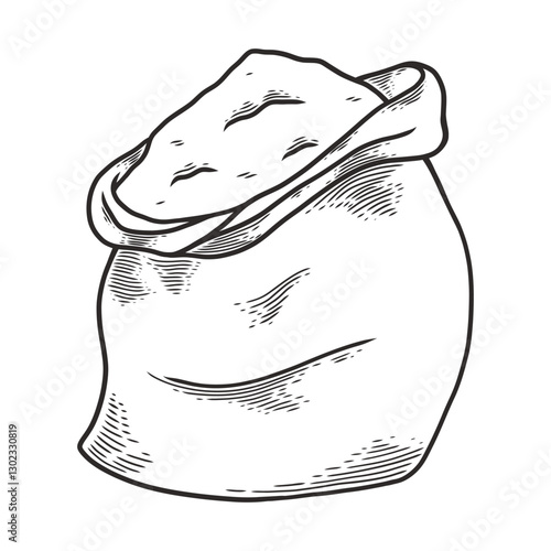 Bag with wholemeal flour or sugar. Hand drawn sketch style. Vintage black vector engraving illustration for label, web, flayer bakery. Isolated on white background.