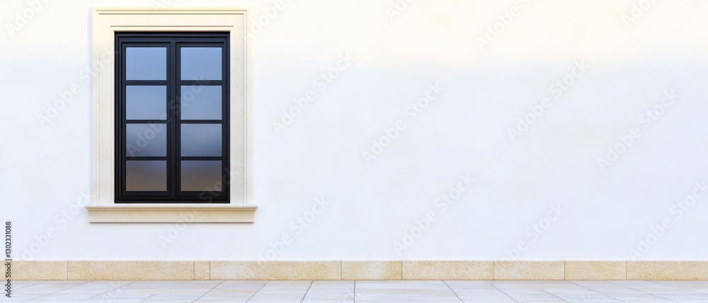 Fototapeta premium Black window on white wall with a minimalistic and clean design in a well-lit setting