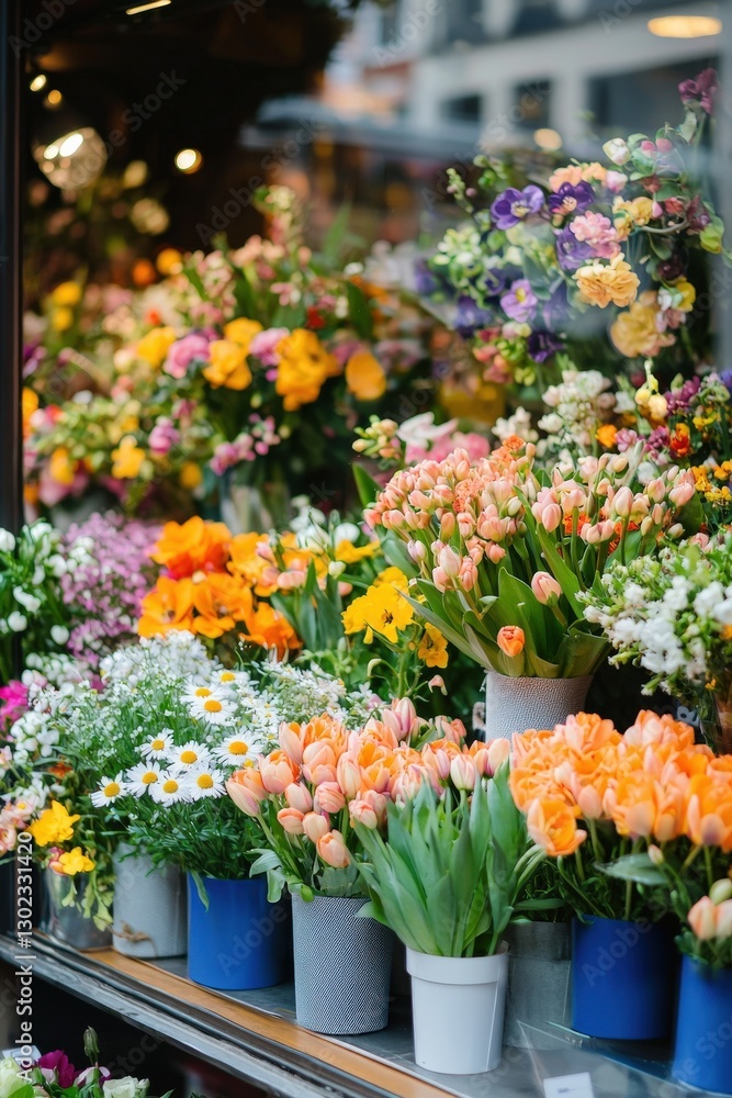 Fototapeta premium A flower shop window display bursting with colorful spring blooms, sprint flower