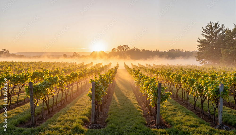 Fototapeta premium Misty vineyard at sunrise with soft sunlight, tranquil nature