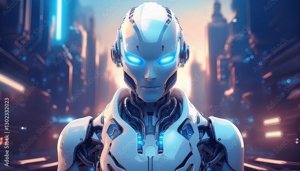 A futuristic humanoid robot with sleek metallic plating, glowing blue eyes, and articulated limbs, showcasing advanced technology and a dynamic, high-tech design.
