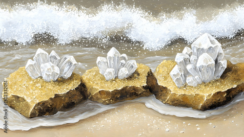 Sparkling quartz crystals emerge from rocks on a sandy beach with waves