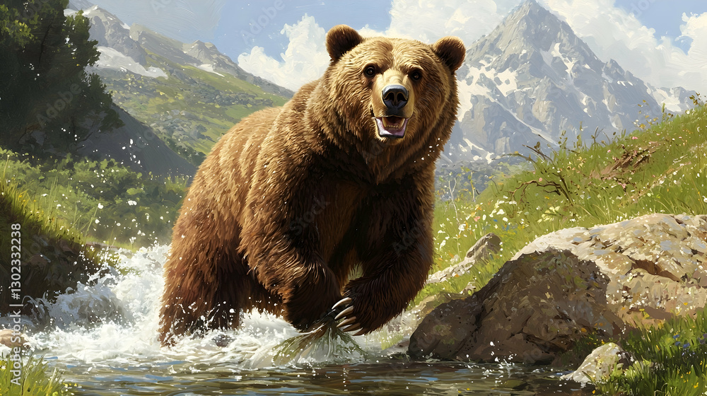 Obraz premium Grizzly bear fishing in mountain stream, alpine landscape background; wildlife documentary, nature poster