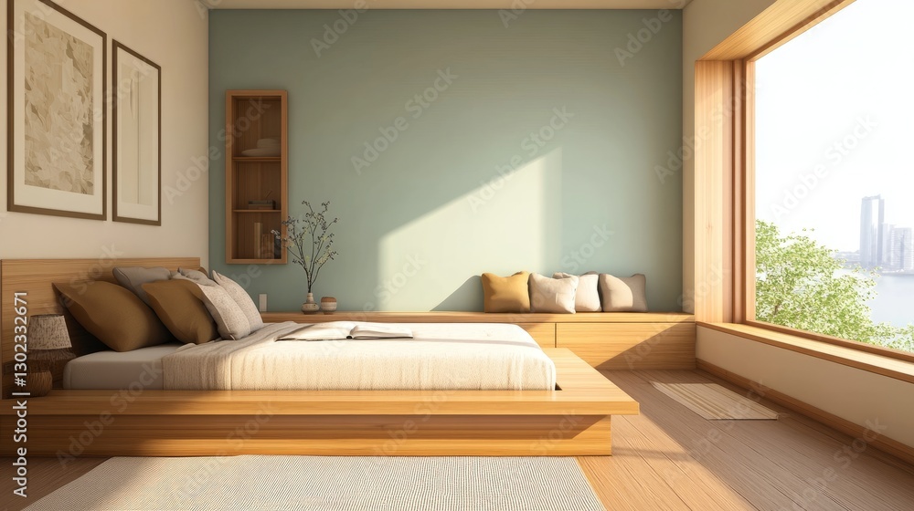 Bright and airy bedroom with a low platform bed, sleek modern design, and a built-in reading nook. Bright and airy bedroom with a low platform bed, sleek modern design, and a built-in reading nook.