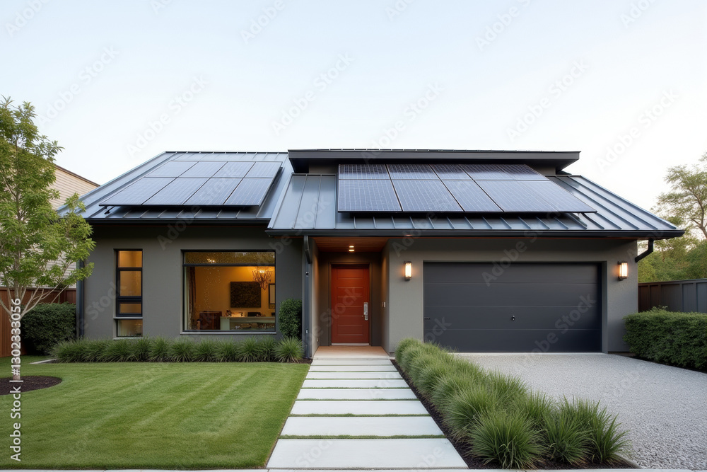 A Modern Sustainable house with sleek solar panels integrated into a flat roof, framed by minimalist landscaping. A Modern Sustainable house with sleek solar panels integrated into a flat roof, framed by minimalist landscaping.