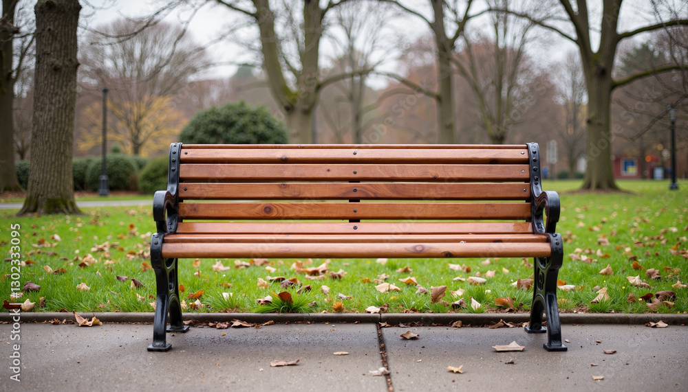 Deserted park bench in quiet urban setting, solitude in nature Deserted park bench in quiet urban setting, solitude in nature