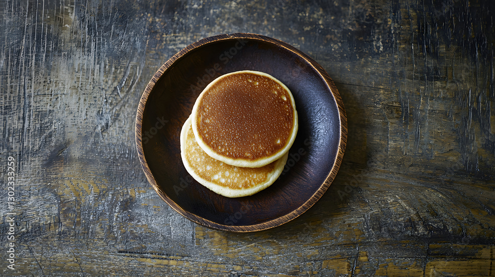 Two pancakes are on a wooden plate Two pancakes are on a wooden plate
