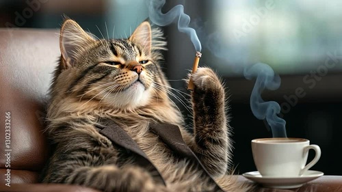 A sophisticated cat in a suit leisurely smoking a cigarette while sipping coffee in a cozy setting