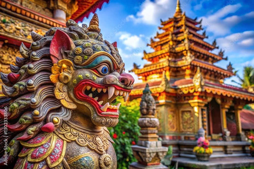 Obraz premium Ancient Lion Stucco Statue in Balinese Hindu Temple - Aerial View