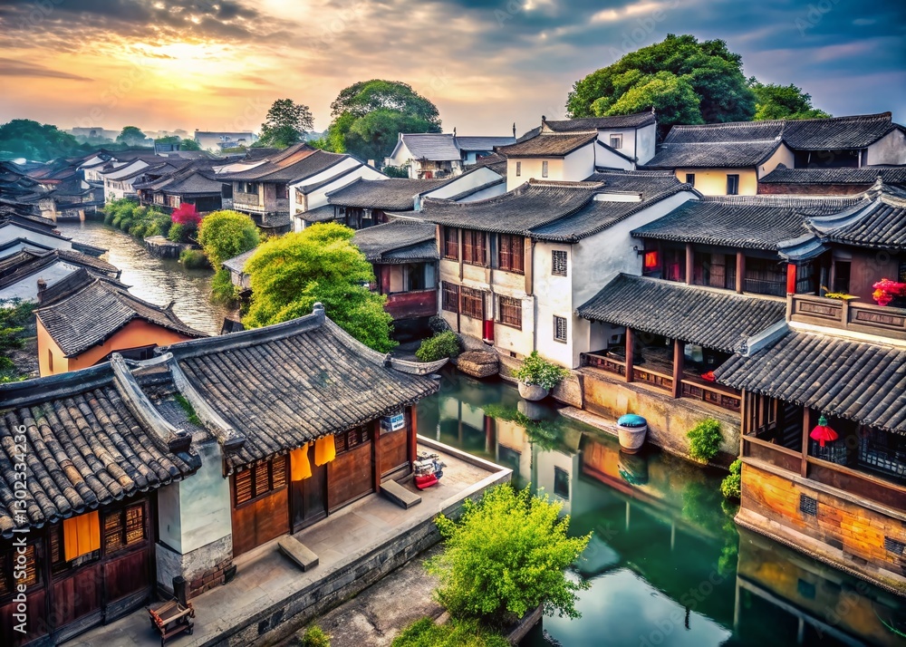 Obraz premium Ancient Qiandeng Town, Suzhou, Jiangsu Province, China: Documentary Photography of Historic Architecture and Tourist Attractions