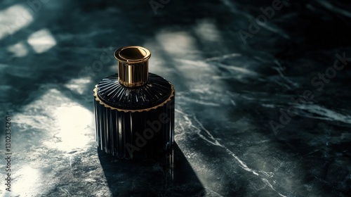 Elegant Dark Perfume Bottle On Marble Surface