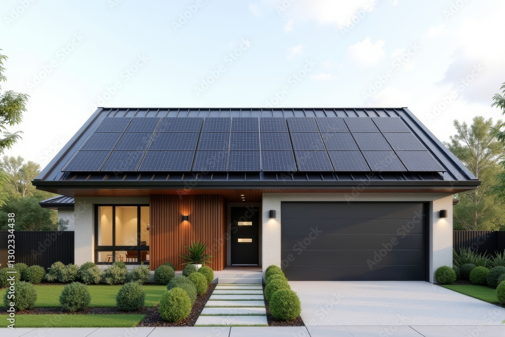 A Modern Sustainable house with sleek solar panels integrated into a flat roof, framed by minimalist landscaping. A Modern Sustainable house with sleek solar panels integrated into a flat roof, framed by minimalist landscaping.